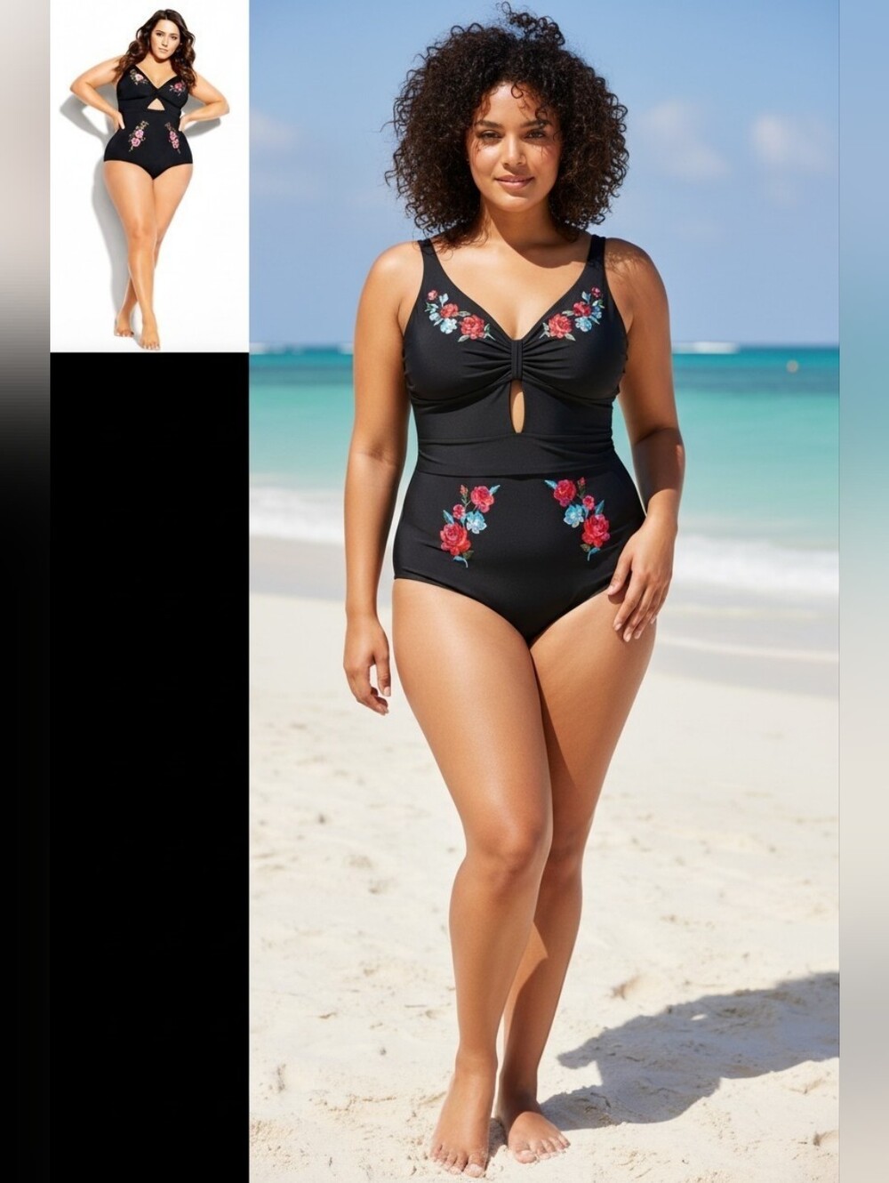 City Chic 14 Black One-Piece Swimsuit with Floral Embroidery Keyhole New Tags
